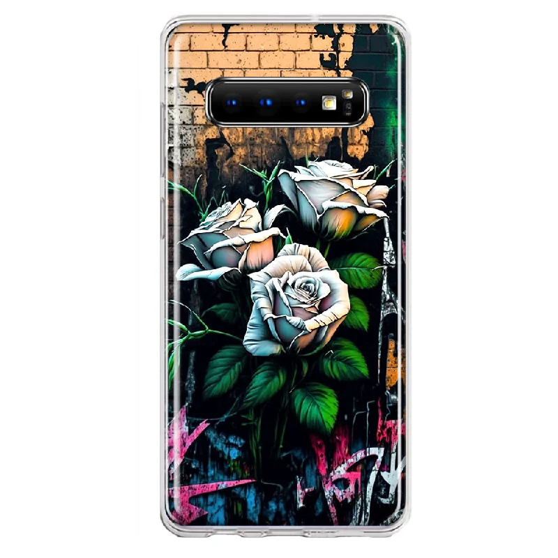 For Samsung Galaxy S10 Plus White Roses Graffiti Wall Art Painting Design Hybrid Protective Phone Case Cover