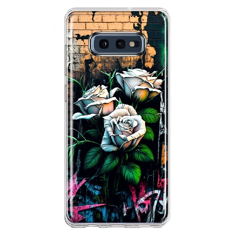 For Samsung Galaxy S10e White Roses Graffiti Wall Art Painting Design Hybrid Protective Phone Case Cover