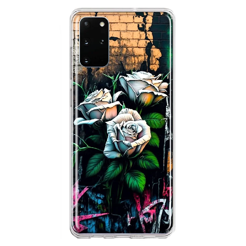 For Samsung Galaxy S20 Plus White Roses Graffiti Wall Art Painting Design Hybrid Protective Phone Case Cover