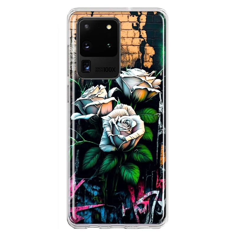 For Samsung Galaxy S20 Ultra White Roses Graffiti Wall Art Painting Design Hybrid Protective Phone Case Cover