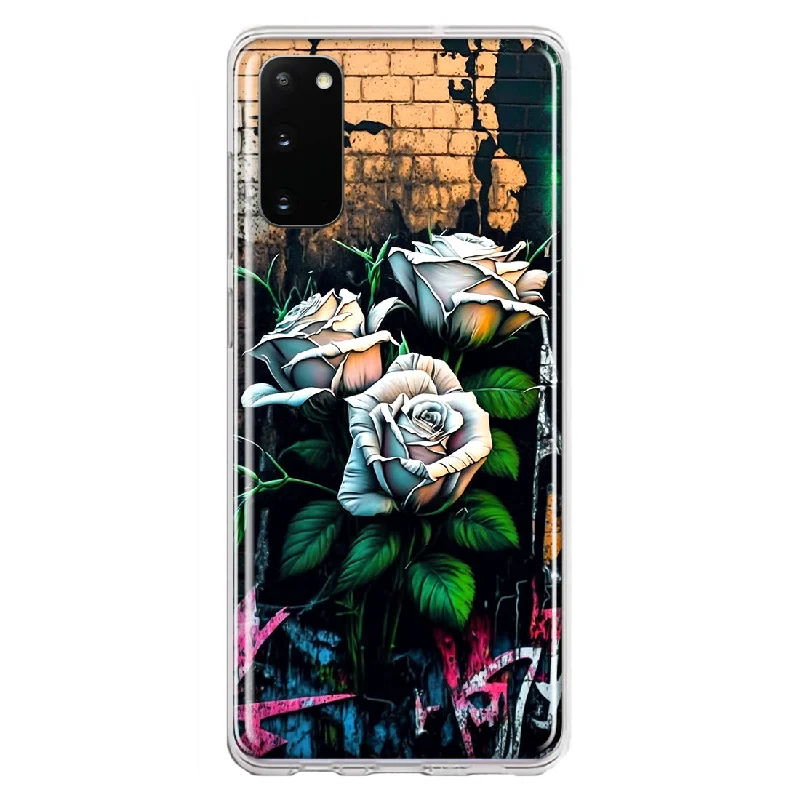 For Samsung Galaxy S20 White Roses Graffiti Wall Art Painting Design Hybrid Protective Phone Case Cover