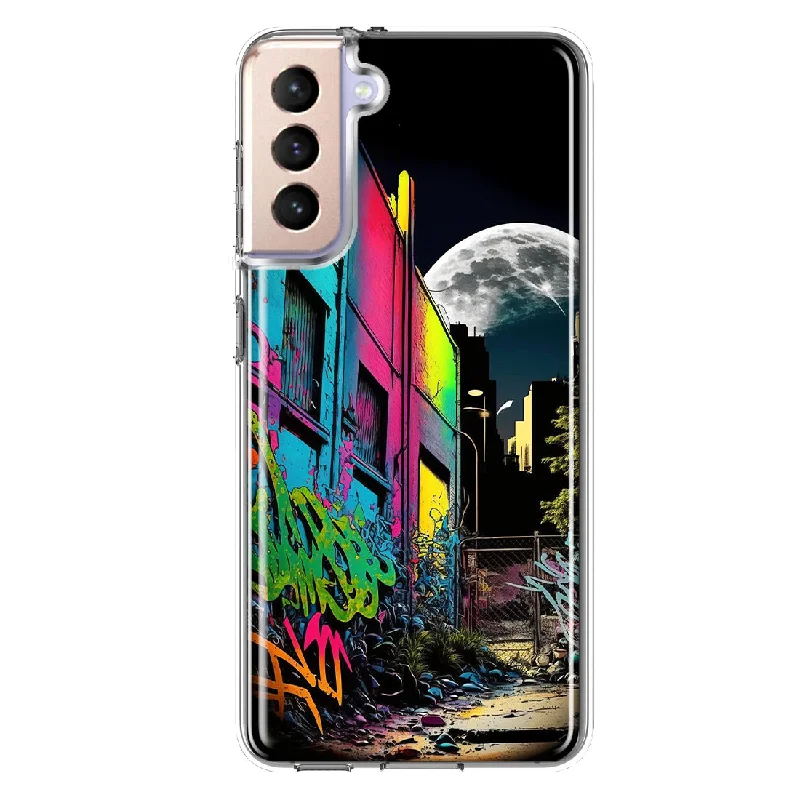 For Samsung Galaxy S21 FE Urban City Full Moon Graffiti Painting Art Design Hybrid Protective Phone Case Cover