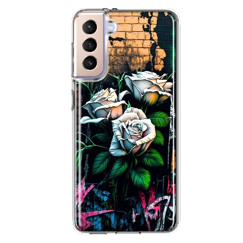 For Samsung Galaxy S21 FE White Roses Graffiti Wall Art Painting Design Hybrid Protective Phone Case Cover