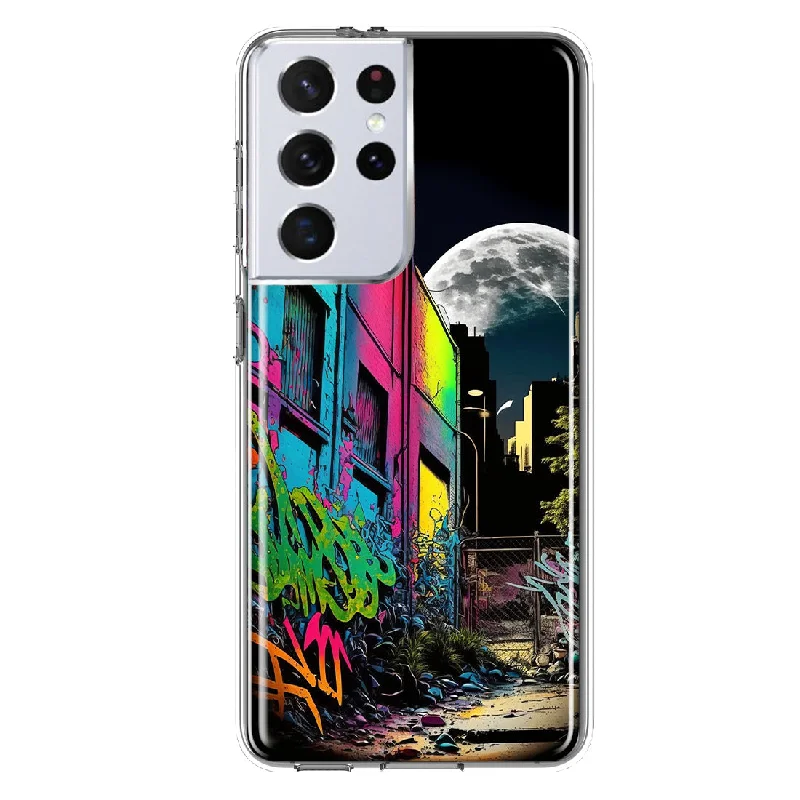 For Samsung Galaxy S21 Ultra Urban City Full Moon Graffiti Painting Art Design Hybrid Protective Phone Case Cover