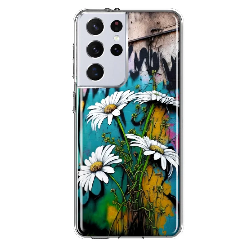 For Samsung Galaxy S21 Ultra White Daisies Graffiti Wall Art Painting Design Hybrid Protective Phone Case Cover