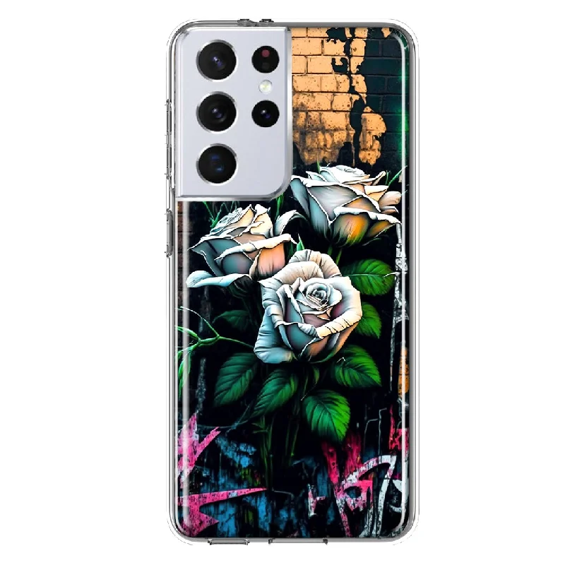 For Samsung Galaxy S21 Ultra White Roses Graffiti Wall Art Painting Design Hybrid Protective Phone Case Cover