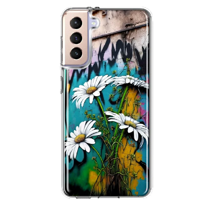 For Samsung Galaxy S21 White Daisies Graffiti Wall Art Painting Design Hybrid Protective Phone Case Cover