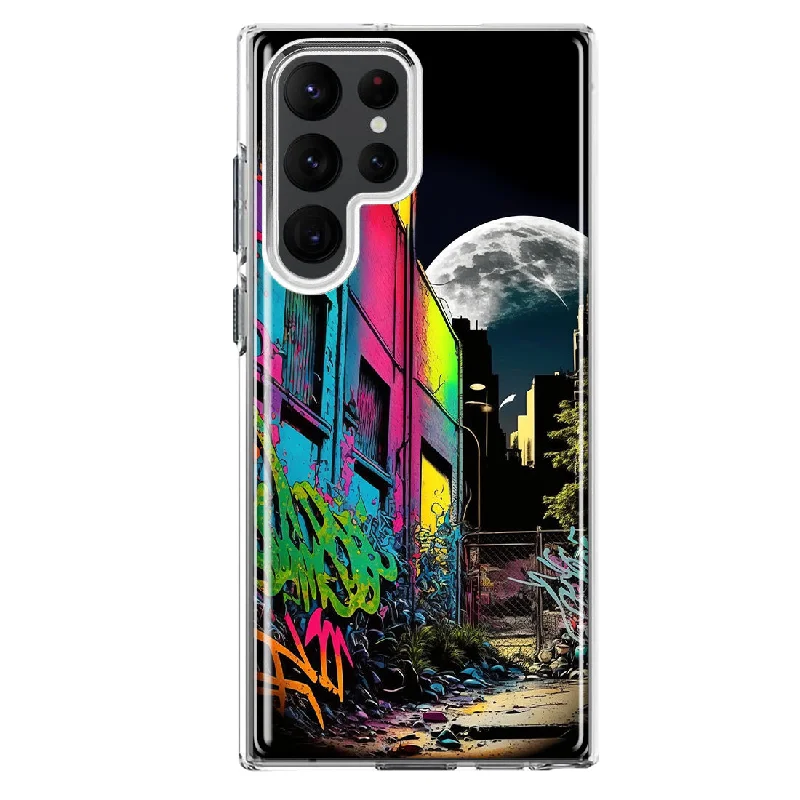 For Samsung Galaxy S22 Ultra Urban City Full Moon Graffiti Painting Art Design Hybrid Protective Phone Case Cover