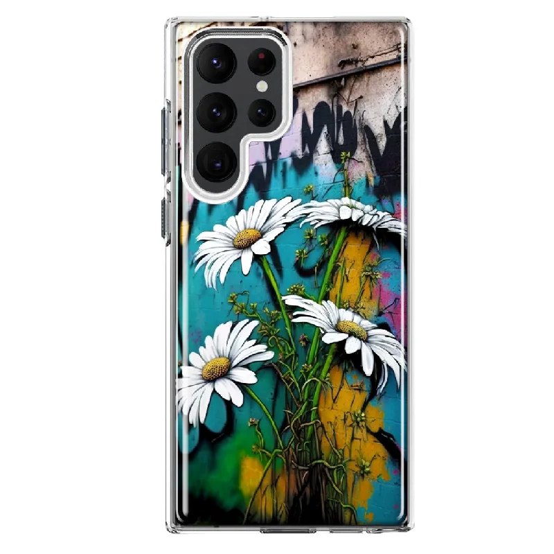 For Samsung Galaxy S22 Ultra White Daisies Graffiti Wall Art Painting Design Hybrid Protective Phone Case Cover