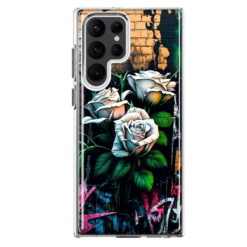 For Samsung Galaxy S22 Ultra White Roses Graffiti Wall Art Painting Design Hybrid Protective Phone Case Cover