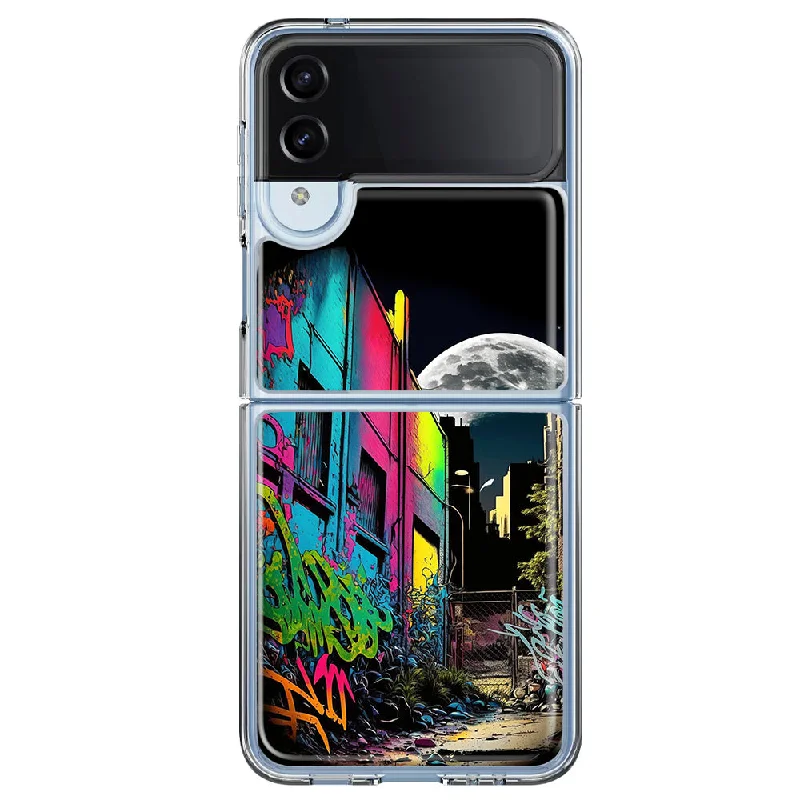 For Samsung Galaxy Z Flip 4 Urban City Full Moon Graffiti Painting Art Design Hybrid Protective Phone Case Cover