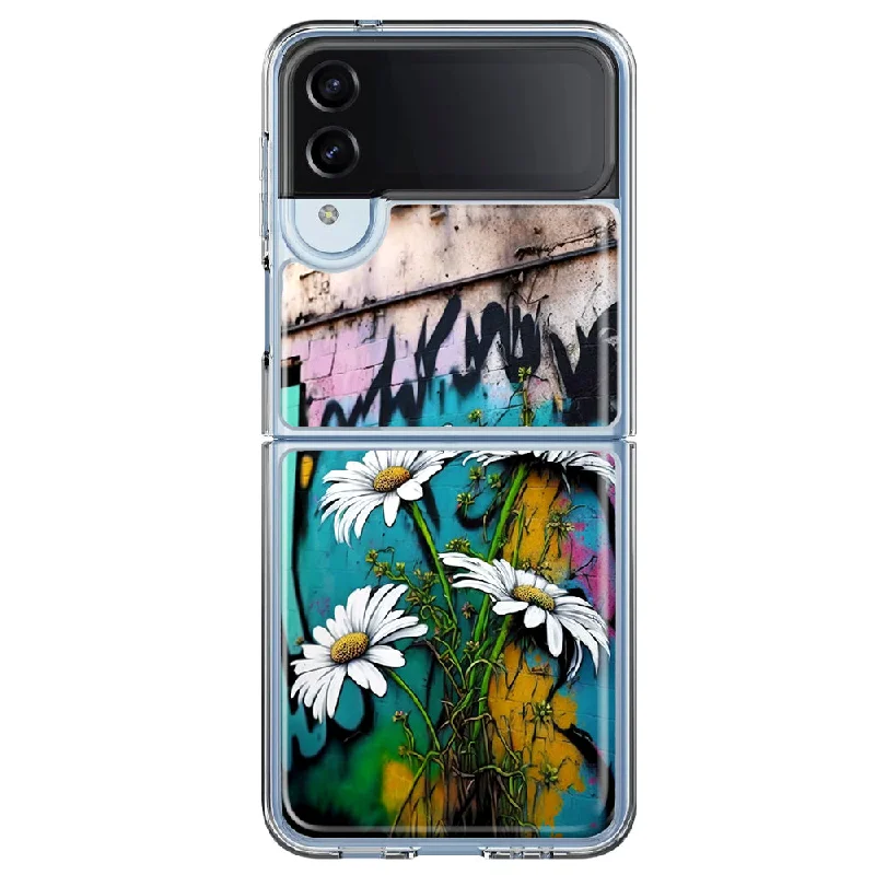 For Samsung Galaxy Z Flip 4 White Daisies Graffiti Wall Art Painting Design Hybrid Protective Phone Case Cover