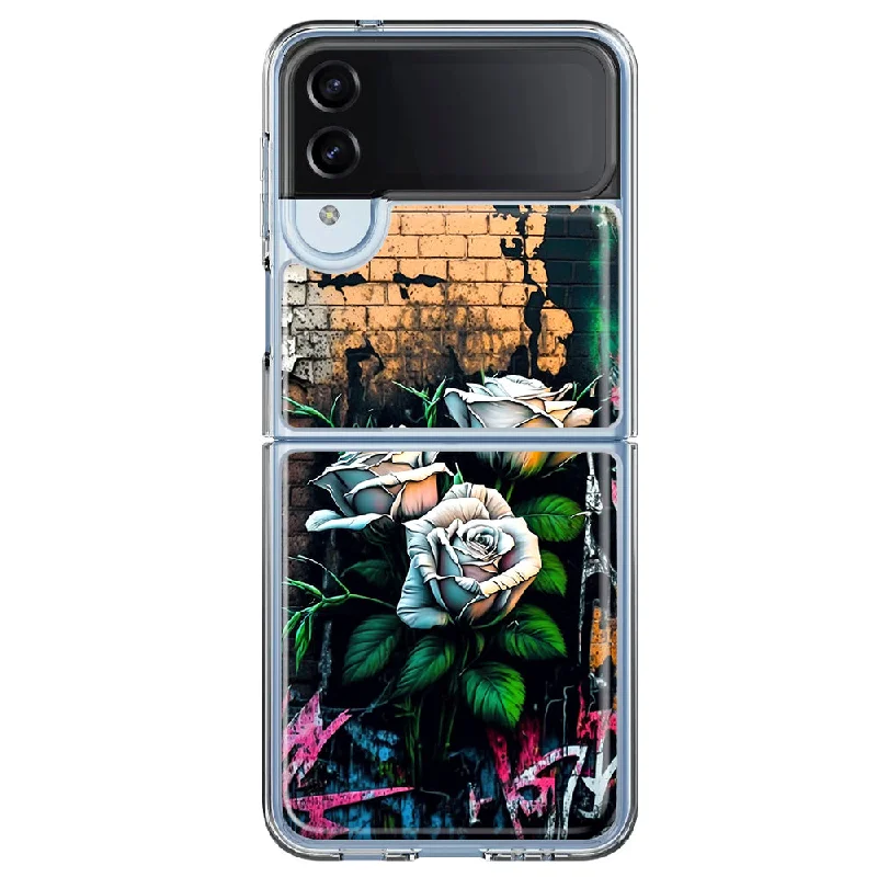 For Samsung Galaxy Z Flip 4 White Roses Graffiti Wall Art Painting Design Hybrid Protective Phone Case Cover