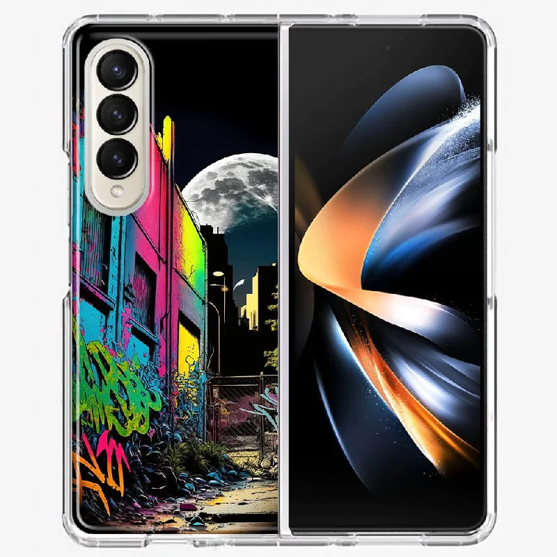 For Samsung Galaxy Z Fold 4 Urban City Full Moon Graffiti Painting Art Design Hybrid Protective Phone Case Cover