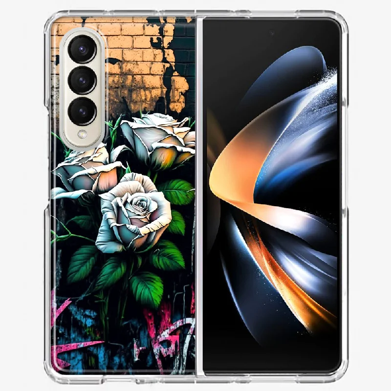 For Samsung Galaxy Z Fold 4 White Roses Graffiti Wall Art Painting Design Hybrid Protective Phone Case Cover